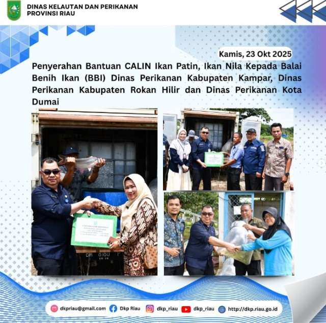 Penyerahan Bantuan CALIN Ikan Patin, Ikan Nila Kepada Balai Benih Ikan (BBI) Dinas Perikanan Kabupaten Kampar, Dinas Perikanan Kabupaten Rokan Hilir, Dinas Perikanan Kota Dumai